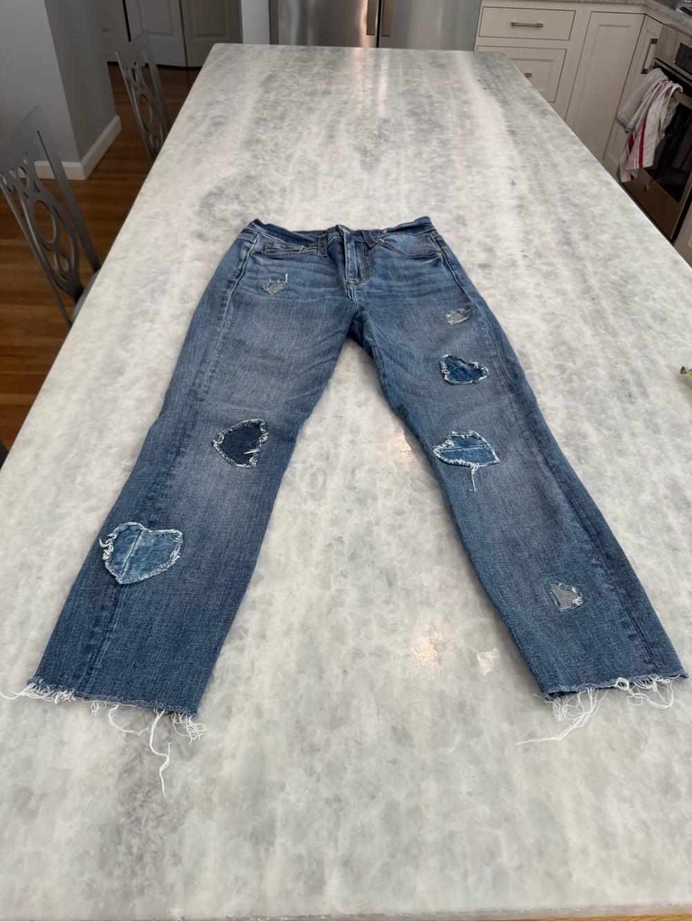 7 For All Mankind Distressed Blue Heart Patch Straight-Leg Jeans